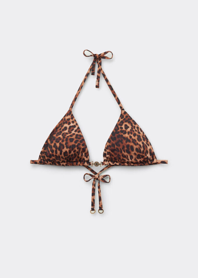 Braunes Triangel-Bikinioberteil mit Animal-Print