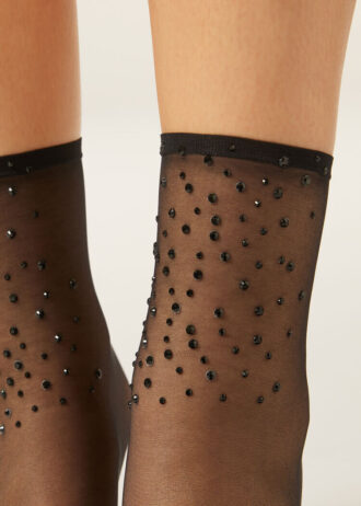 Transparente kurze Socken mit Strasssteinen
