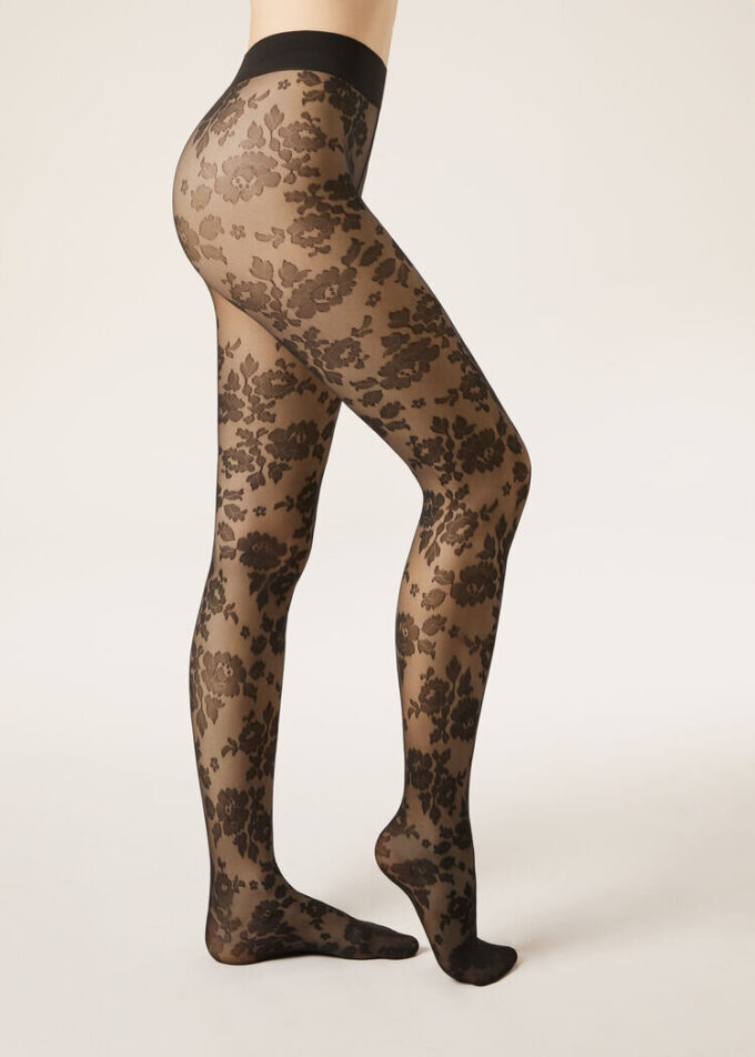 Transparente Strumpfhose mit Blumenmuster